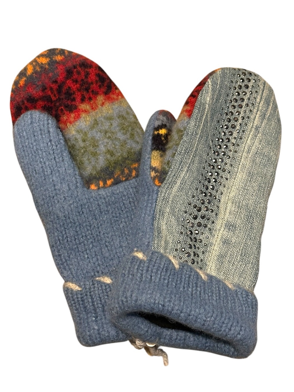 NWT Handmade Upcycled Denim Mittens Blue Fleece Lined Grip Palm Winter Gloves